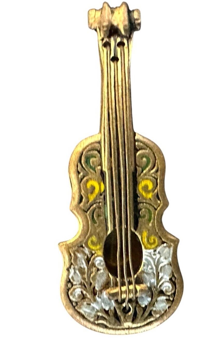 Vintage Damascene Spain Guitar Brooch Musical Instrument Enameled Brass Metal
